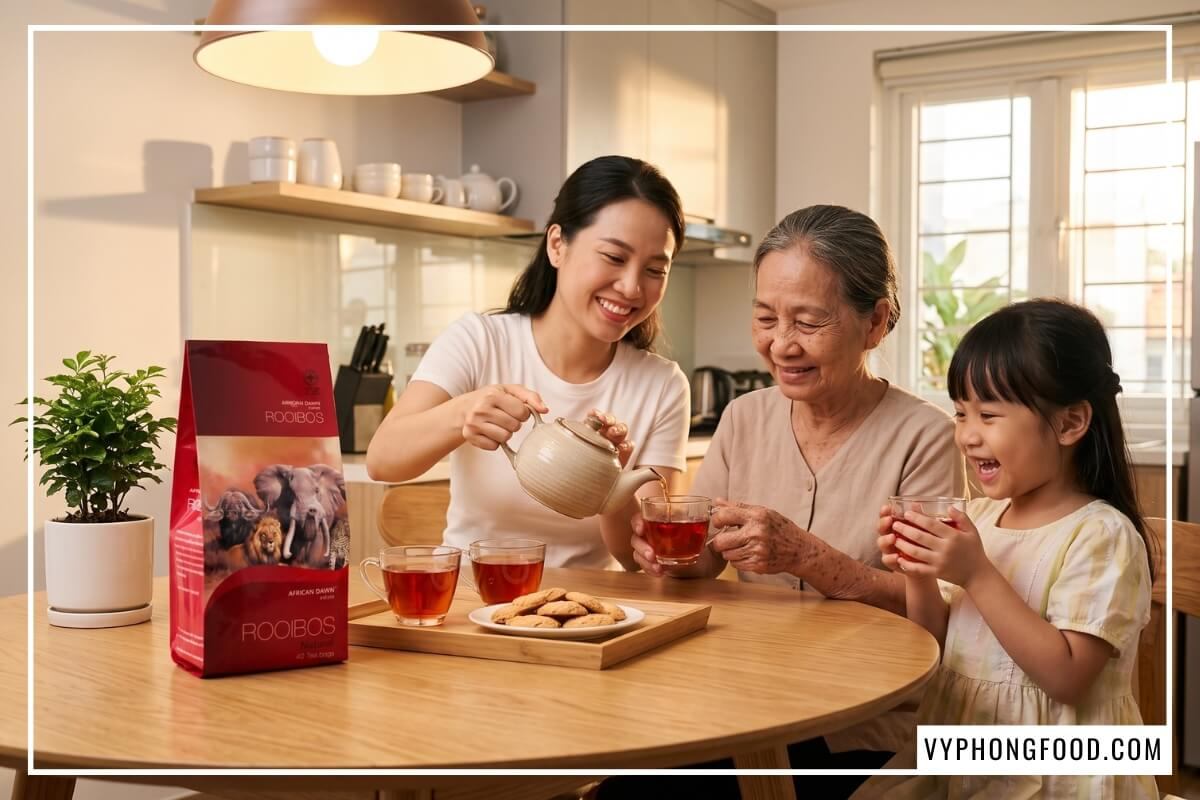 Ba thế hệ gia đình uống hồng trà rooibos túi lọc African Dawn tại bàn ăn ấm cúng