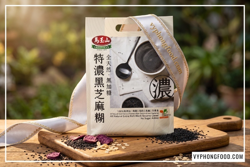 Bao bì sản phẩm bột ngũ cốc dinh dưỡng không đường từ mè đen Greenmax Đài Loan đặt trên thớt gỗ giữa khu vườn ngập nắng, giới thiệu sản phẩm ngũ cốc đài loan chính ngạch giá sỉ chất lượng.