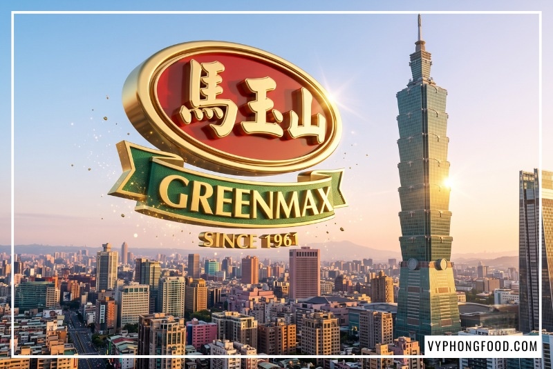 Hình ảnh logo thương hiệu Greenmax khổng lồ bằng kim loại lấp lánh trên bầu trời thành phố Đài Bắc hiện đại, khẳng định xuất xứ uy tín của nguồn ngũ cốc đài loan chính ngạch giá sỉ do Vy Phong cung cấp.