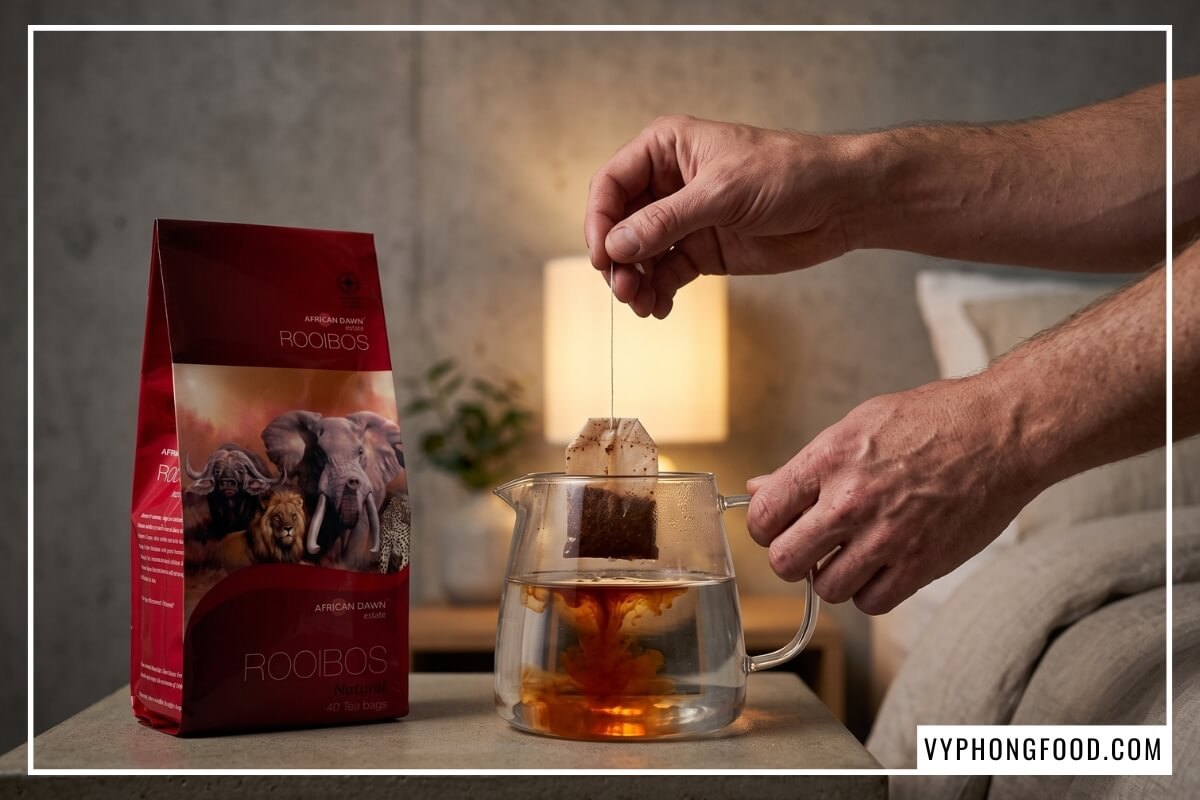 Đôi tay nhúng túi lọc trà rooibos vào ấm nước sôi trong không gian phòng ngủ tối giản.