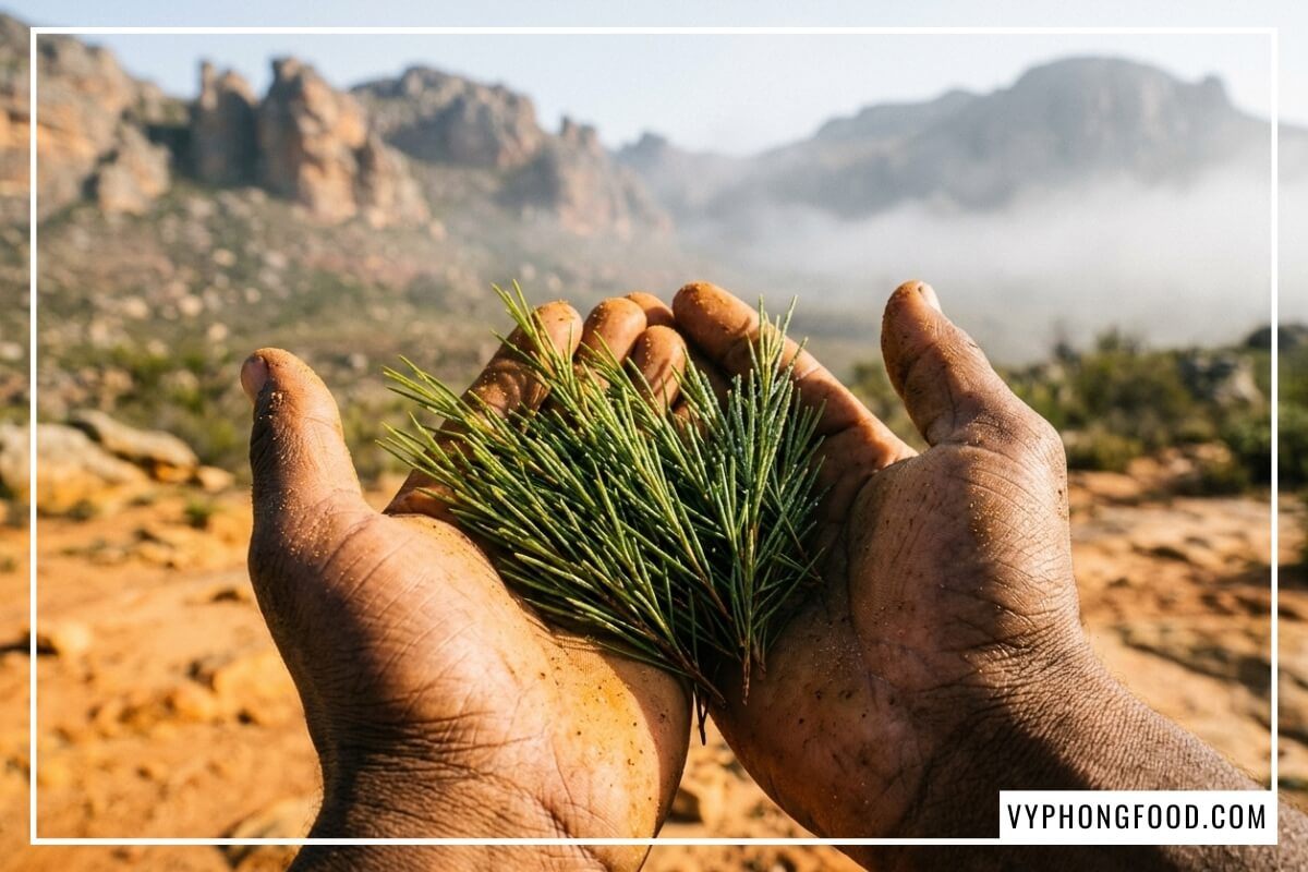Nông dân Nam Phi cắt nhành lá rooibos tươi dưới ánh nắng chói chang thung lũng.