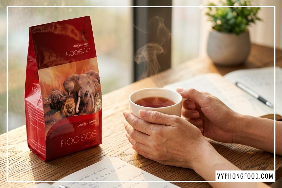 Nữ nhân viên cầm ly sứ trắng bên gói hồng trà African Dawn và ánh nắng chiều Sài Gòn.