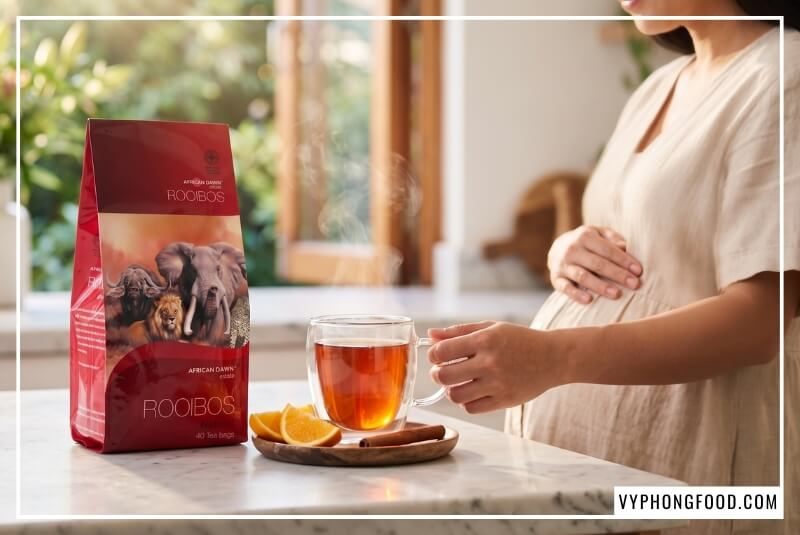 Mẹ bầu uống hồng trà rooibos Nam Phi ấm màu hổ phách bên gói trà African Dawn và lát cam tươi