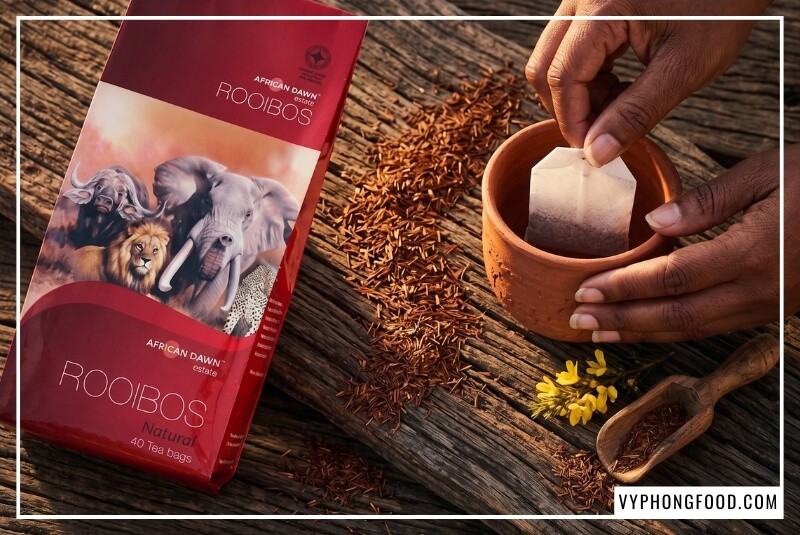 Lá trà rooibos kim khô đỏ nâu cùng gói trà African Dawn trên bàn gỗ mộc Cederberg