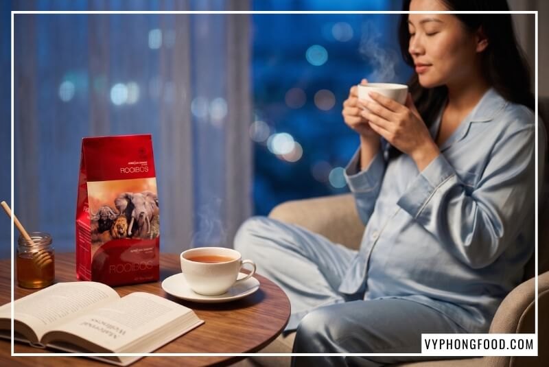 Bà bầu uống hồng trà rooibos Nam Phi ấm bên tách sứ trắng và gói trà African Dawn buổi tối