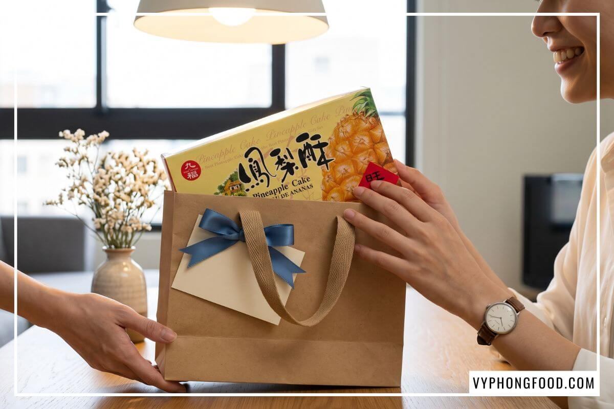 Trao tay túi quà kraft đựng hộp bánh dứa Đài Loan Nice Choice chính hãng của Vy Phong Food