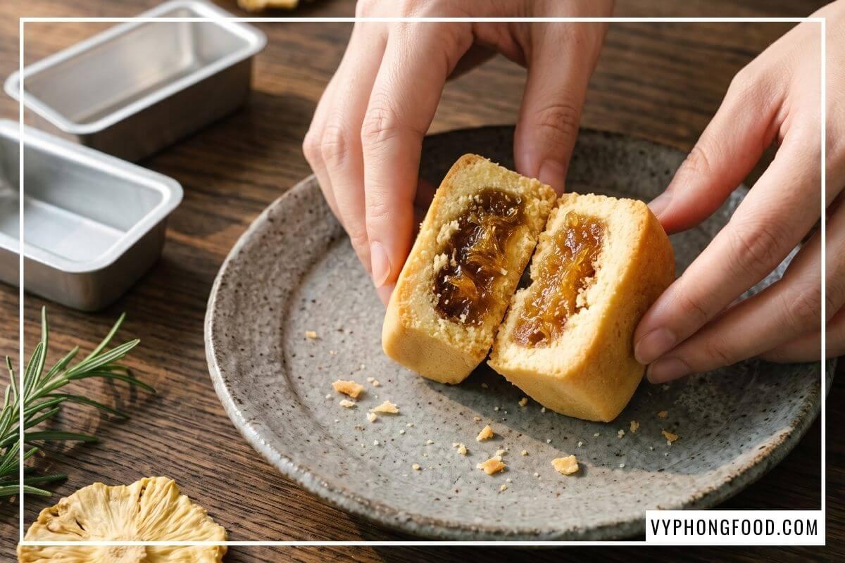 Cận cảnh bánh dứa bẻ đôi lộ thớ mứt dẻo óng ánh đạt chuẩn kỹ thuật hướng dẫn làm bánh dứa Đài Loan.