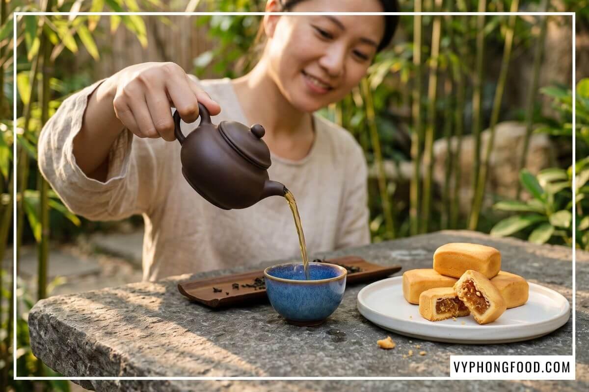 Rót trà Ô Long ấm từ ấm gốm Tử Sa bên đĩa bánh dứa mini thơm mềm trên bàn đá