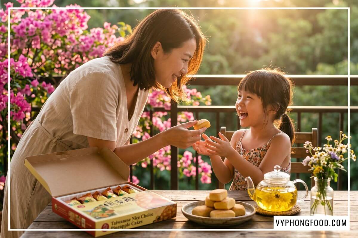 Người mẹ dịu dàng đưa chiếc bánh dứa mini cho bé gái bên hộp bánh dứa Nice Choice ngoài ban công