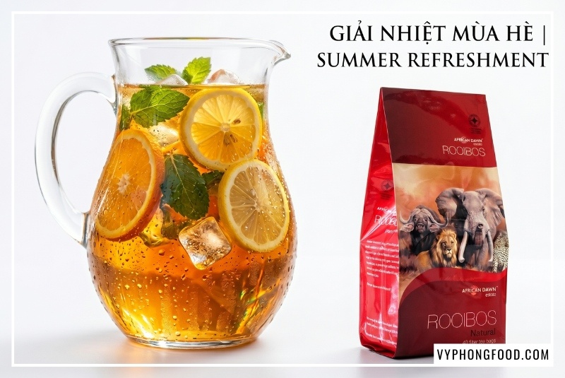 Hình ảnh minh họa các công thức detox sáng tạo gồm trà đá chanh, trà sữa latte và trà bù điện giải được pha chế từ trà rooibos Nam Phi. Thức uống lành mạnh làm từ hồng trà rooibos giúp thanh lọc cơ thể, giải nhiệt mùa hè và mang lại giấc ngủ ngon.