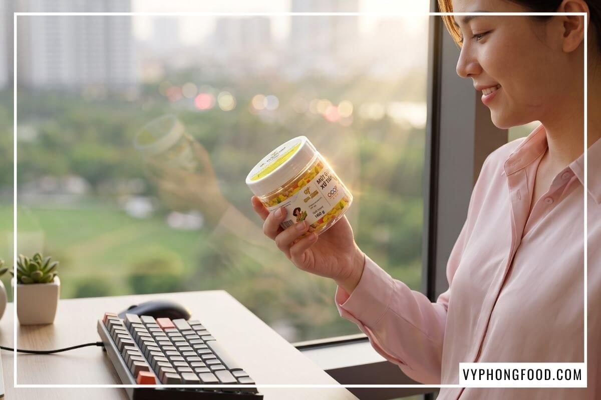 Nhân viên cầm hũ mứt gừng viên xứ Tiên QNA Farm 95g bổ sung cho thực đơn thuần chay