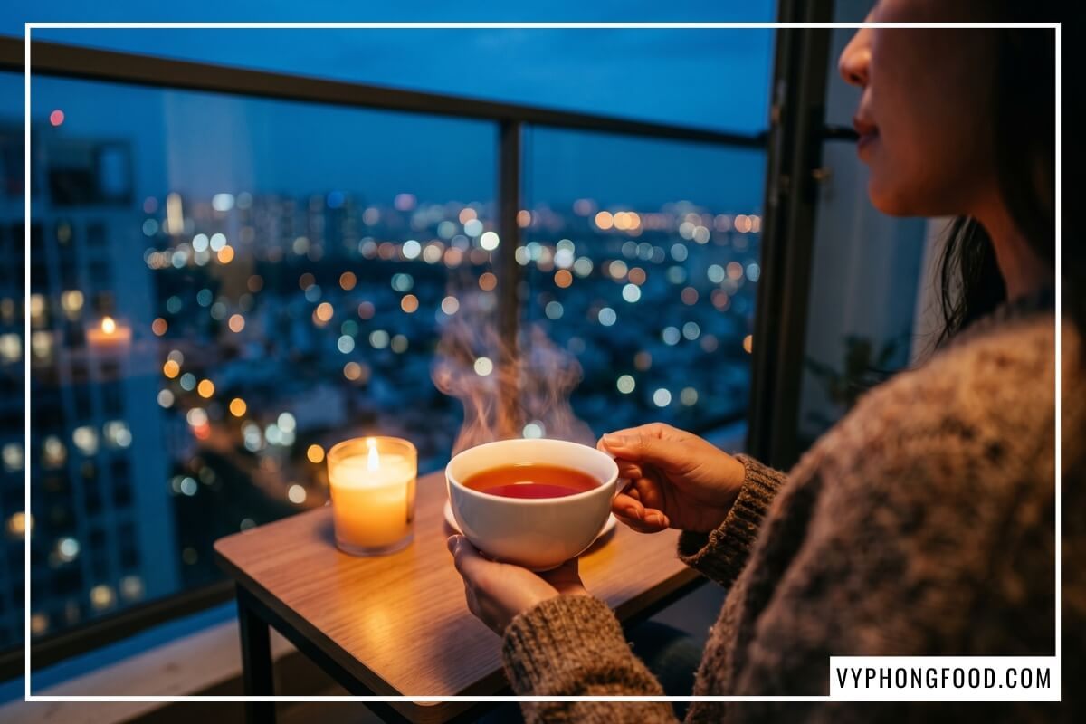 Tách trà rooibos chống lão hóa da bằng sứ trắng bốc khói nhẹ bên ban công thành phố lúc chạng vạng.
