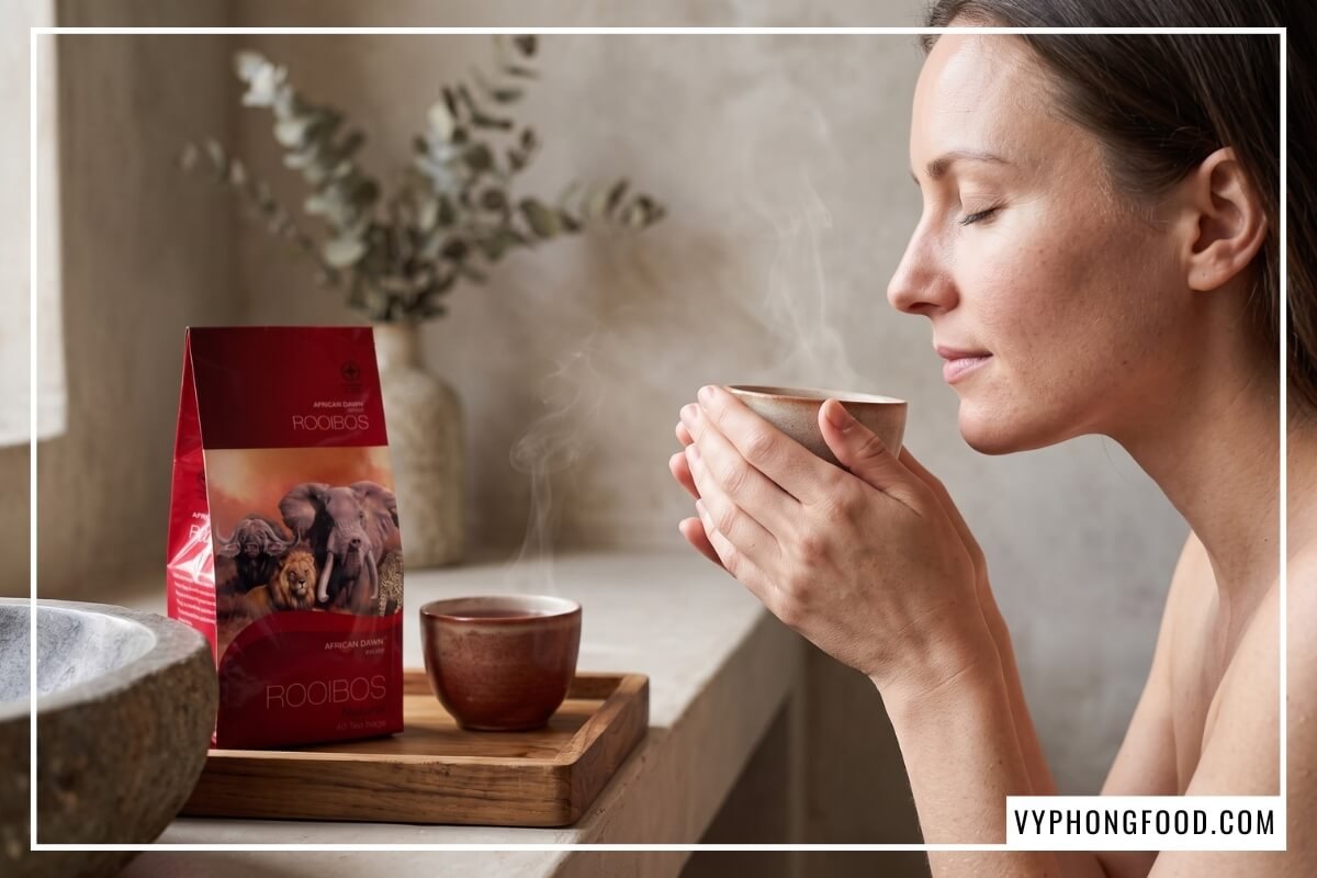Người phụ nữ thưởng thức tách trà rooibos chống lão hóa da bên gói trà rooibos African Dawn trong không gian spa.