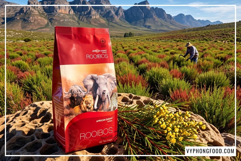 Sản phẩm trà Rooibos African Dawn phân phối bởi đại lý hồng trà Nam Phi tại Việt Nam Vy Phong Food đặt giữa cánh đồng trà hoang sơ vùng núi Cederberg.