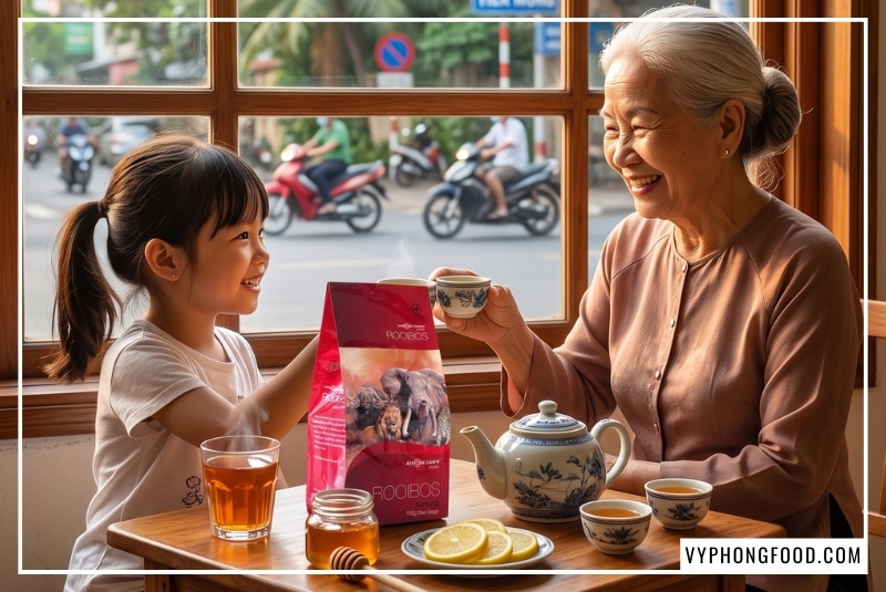 Gia đình Việt cùng thưởng thức ly hồng trà Rooibos thơm ngon chính hãng cung cấp bởi đại lý hồng trà Nam Phi tại Việt Nam Vy Phong Food.