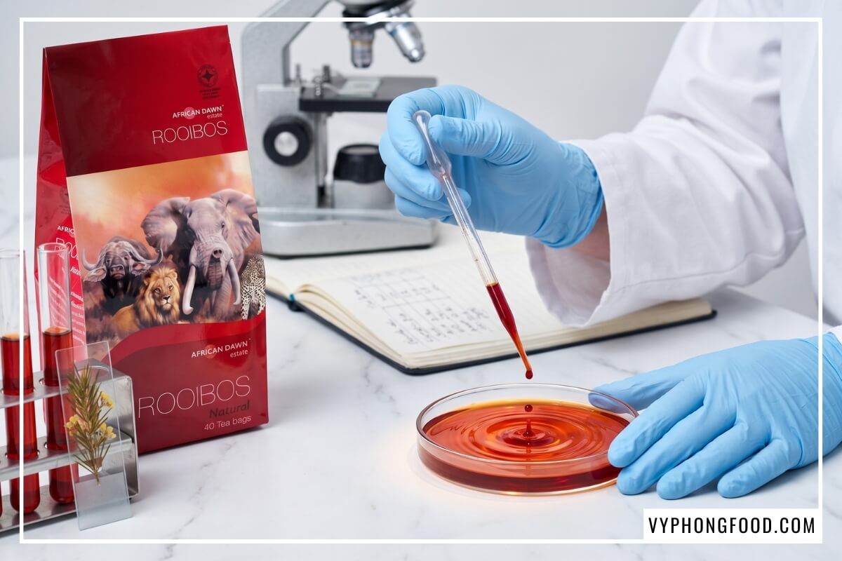 Nghiên cứu sinh nhỏ giọt chiết xuất hồng trà rooibos nhập khẩu cô đặc bên gói African Dawn trong phòng thí nghiệm