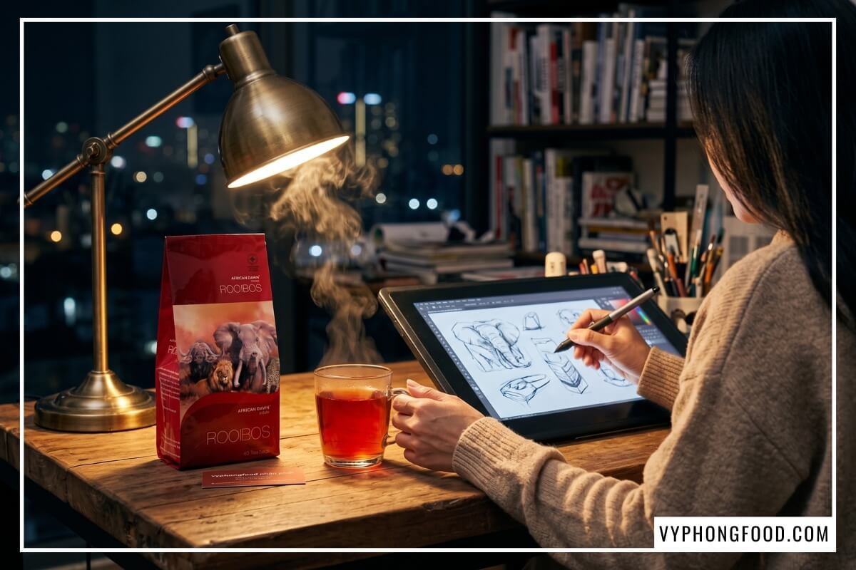 Nữ thiết kế chạm tay vào ly hồng trà rooibos nhập khẩu nóng bên gói African Dawn trên bàn làm việc đêm