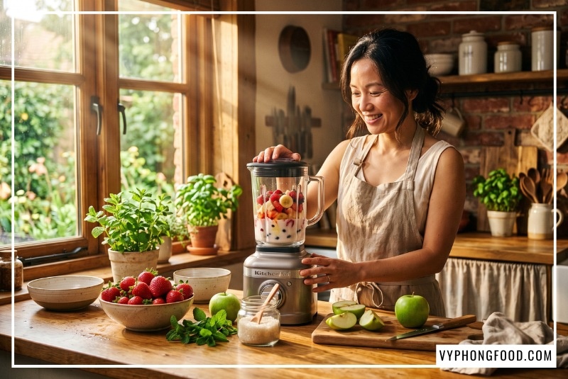 Người mẹ đang chuẩn bị ly sinh tố trái cây tươi sạch cùng hũ đường cỏ ngọt tự nhiên trong không gian bếp ấm cúng. Gợi ý thay thế đường tinh luyện bảo vệ sức khỏe và địa chỉ mua đường cỏ ngọt stevia ở đâu chuẩn hữu cơ Úc cho gia đình.