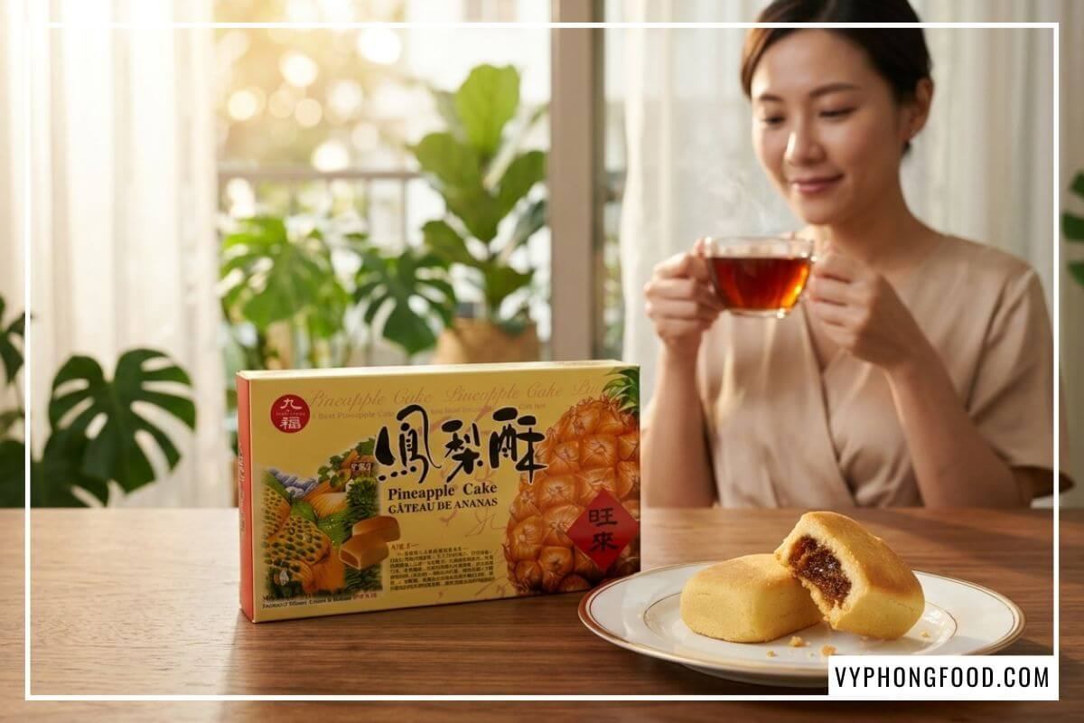 Hộp bánh dứa Đài Loan Nice Choice 227g bên đĩa bánh thơm bơ và tách hồng trà ấm trên bàn gỗ ban công sớm.
