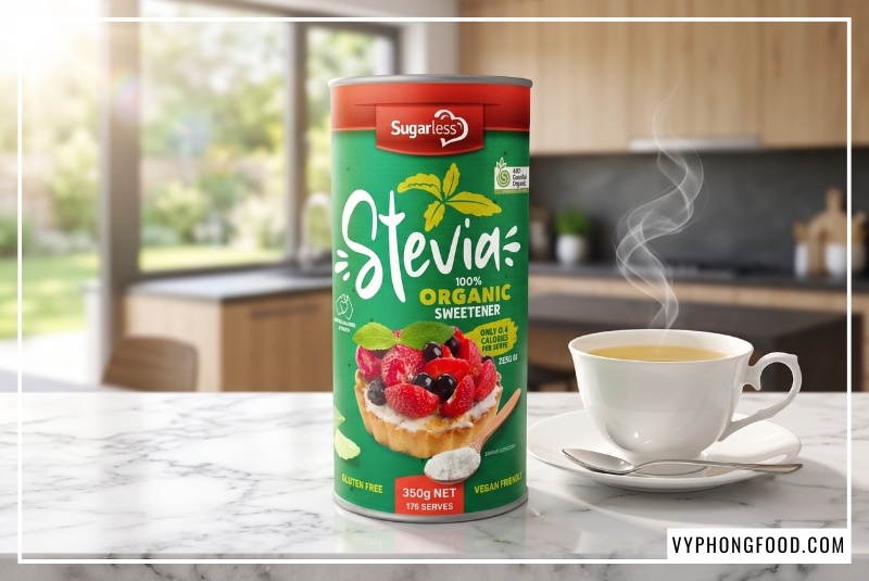 Giải đáp thắc mắc mua đường cỏ ngọt stevia ở đâu uy tín với hình ảnh lon Đường cỏ ngọt Sugarless 350g chuẩn hữu cơ Úc, thành phần tự nhiên an toàn cho sức khỏe gia đình, không chứa calo và hỗ trợ kiểm soát đường huyết tối ưu.