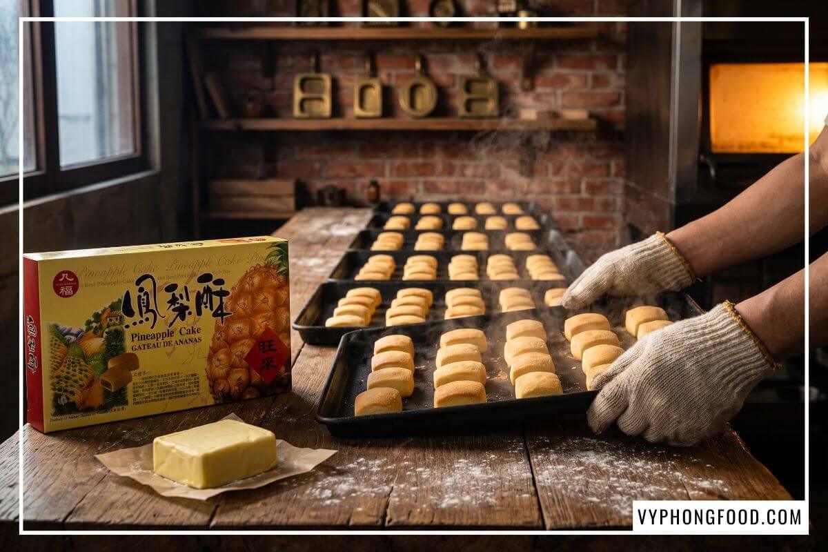 Khay bánh dứa Đài Loan nướng vàng ruộm vừa lấy ra lò đặt cạnh khối bơ lạt và hộp bánh dứa Taiwan Nice Choice.