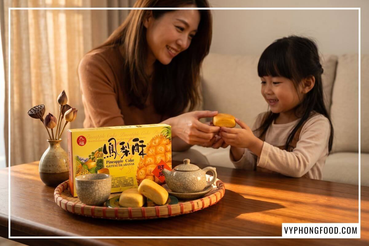 Mẹ trao chiếc bánh dứa Đài Loan cho bé gái bên khay tre và hộp bánh dứa Taiwan Nice Choice trong phòng khách.