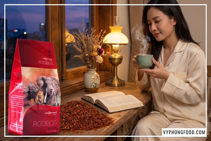 Người phụ nữ thư thái bên tách trà sau khi pha trà thảo mộc Rooibos Nam Phi buổi tối.