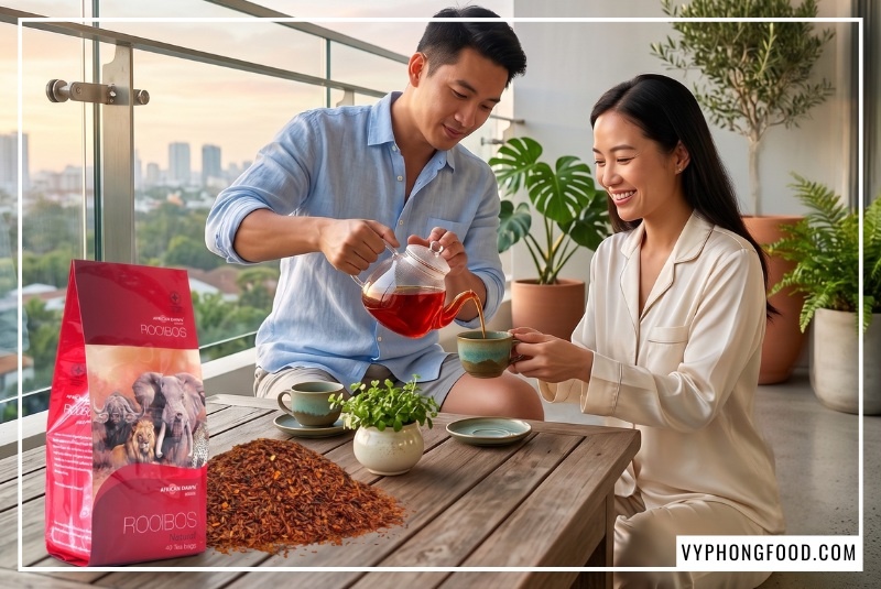 Đôi vợ chồng trẻ cùng pha trà thảo mộc Rooibos rạng rỡ đón bình minh trên ban công.