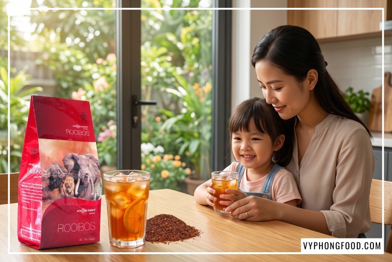 Mẹ và con nhỏ vui vẻ thưởng thức ly trà sau bước pha trà thảo mộc túi lọc an toàn.