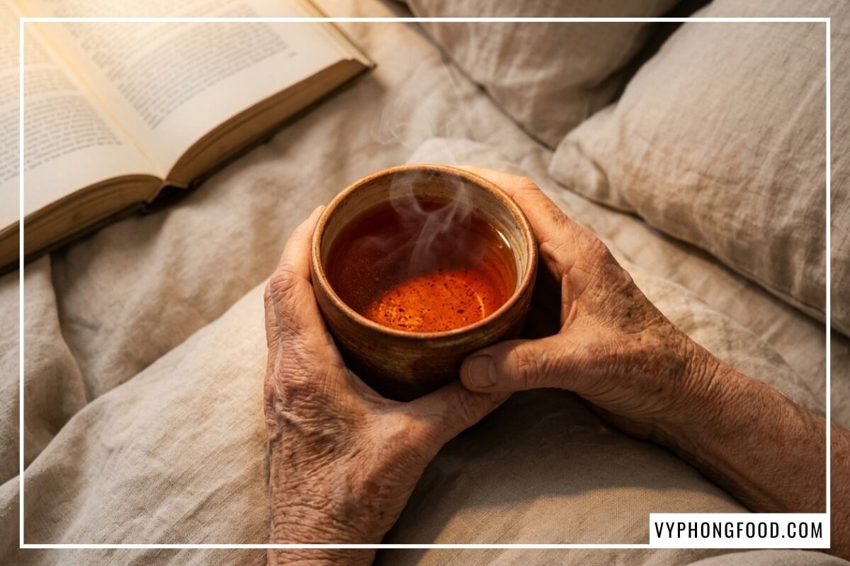 Hai bàn tay nhăn nheo ủ ấm tách gốm chứa mua trà rooibos Nam Phi túi lọc chính hãng bên góc giường nệm.