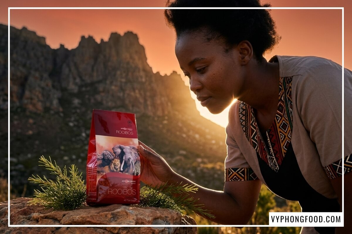 Phụ nữ da đen nâng niu hộp mua trà rooibos Nam Phi túi lọc chính hãng đặt trên đá sa thạch dưới nắng chiều.