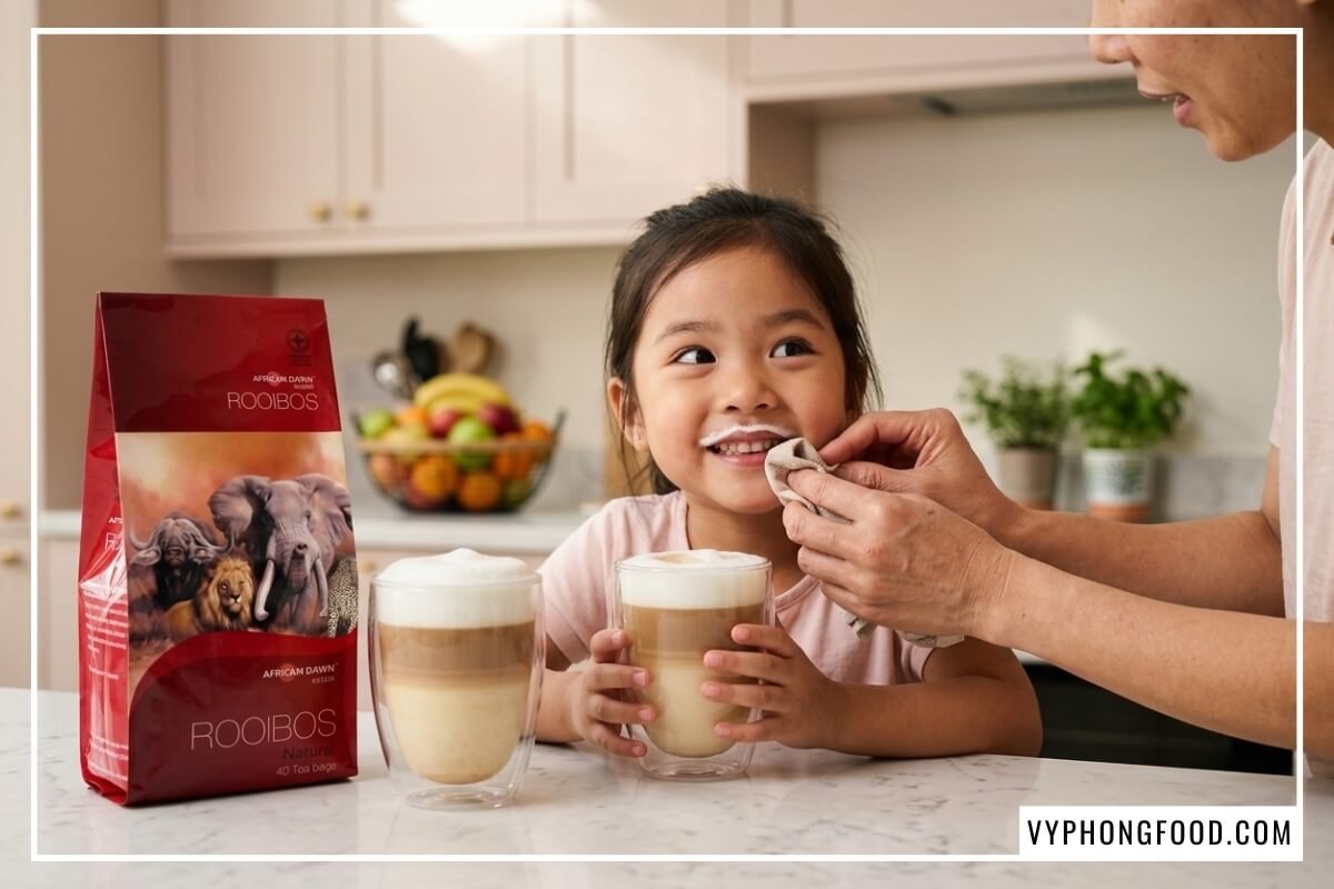 Bé gái ôm ly latte bọt sữa bên hộp mua trà rooibos Nam Phi túi lọc chính hãng trong không gian bếp ấm cúng.