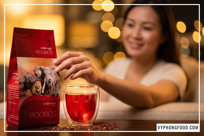 Bao bì trà thảo mộc African Dawn và ly hồng trà rooibos Nam Phi dạng túi lọc hắt ánh đèn vàng ấm áp.