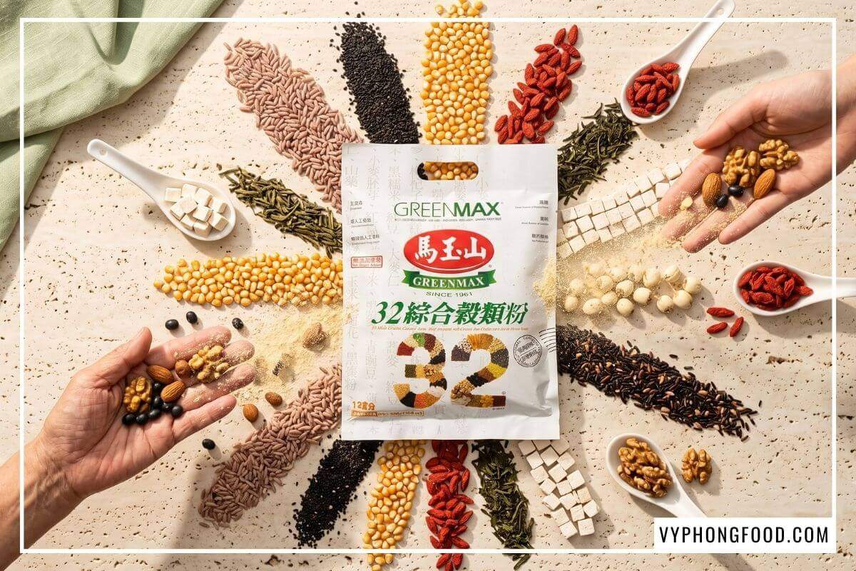 Rắc hạt óc chó, kỷ tử, phục linh quanh túi bột ngũ cốc 32 hạt Greenmax chuẩn nhãn sạch ở nơi bán đồ chay gần đây.