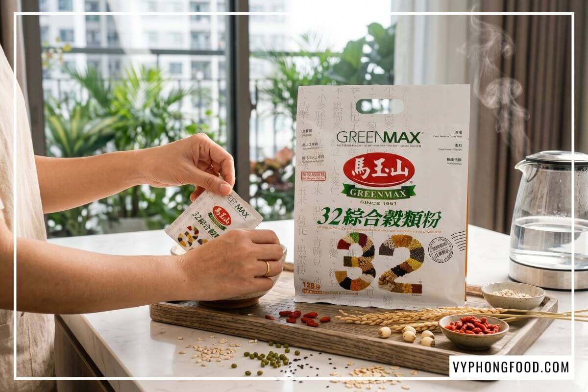 Bàn tay mở gói bột ngũ cốc 32 hạt Greenmax cạnh bình nước sôi trên bàn đá tại shop bán đồ chay Vy Phong Food.