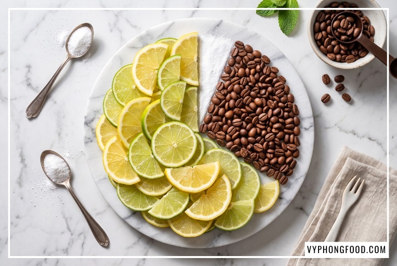 Biểu đồ hình bánh cách điệu từ chanh tươi, hạt cà phê và đường cỏ ngọt mịn màng thể hiện chi phí siêu nhỏ hằng ngày, giúp người tiêu dùng giải đáp thắc mắc mua đường cỏ ngọt stevia ở đâu tiết kiệm và tối ưu ngân sách nhất.