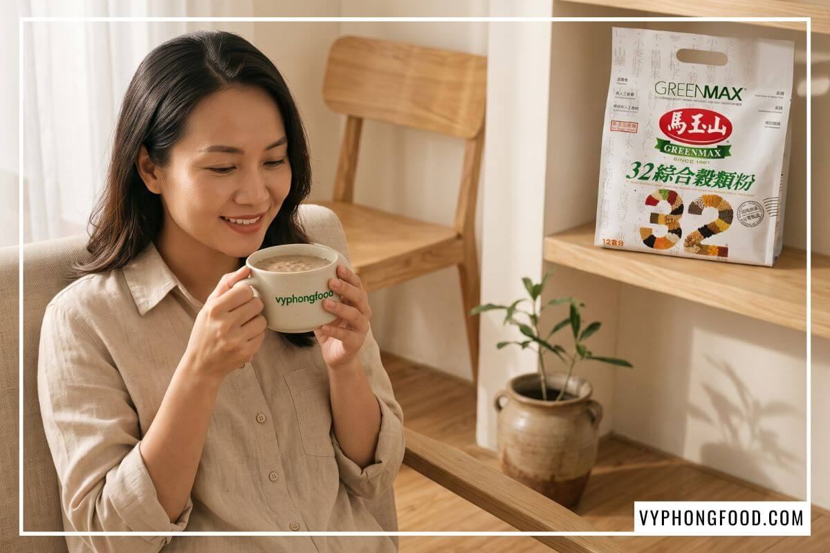 Phụ nữ mỉm cười thư thái bên ly ngũ cốc ấm hỗ trợ ăn chay thanh lọc cơ thể