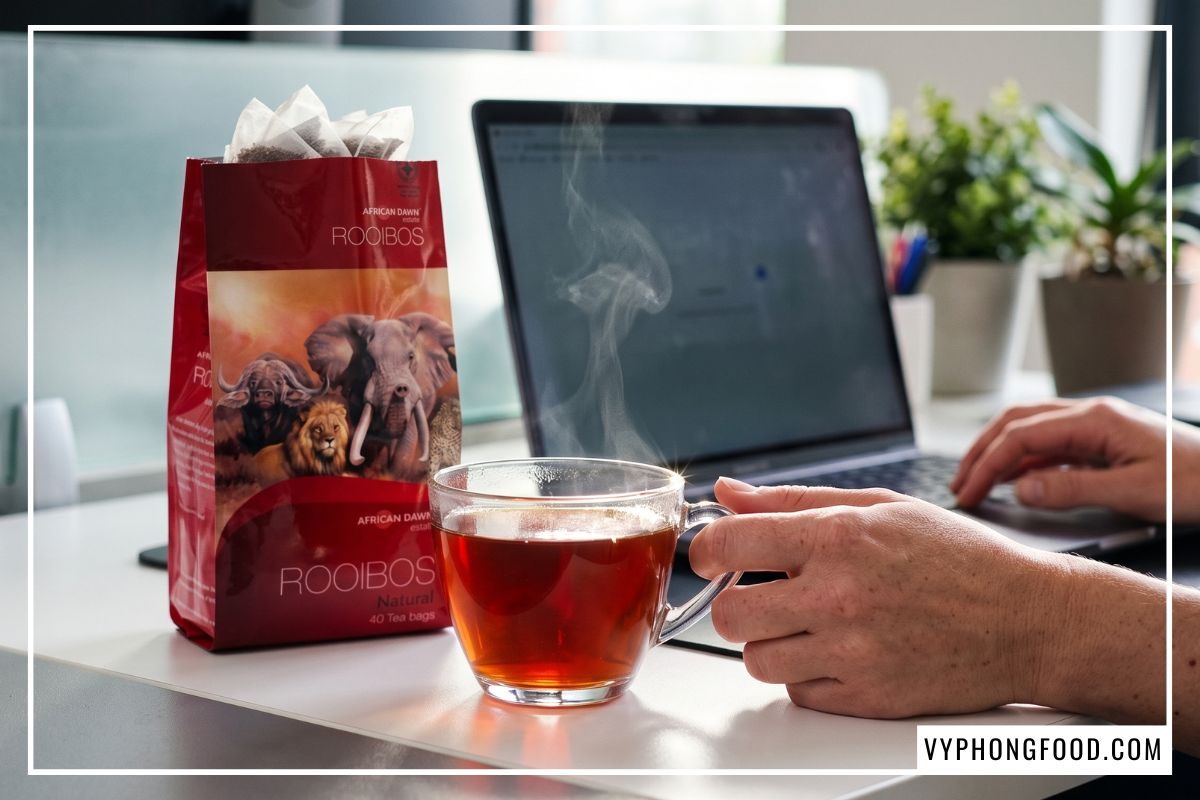 Bàn tay nữ giới cầm tách trà từ tách thủy tinh trên bàn làm việc để tận dụng tác dụng tốt của trà thảo mộc rooibos Nam Phi.