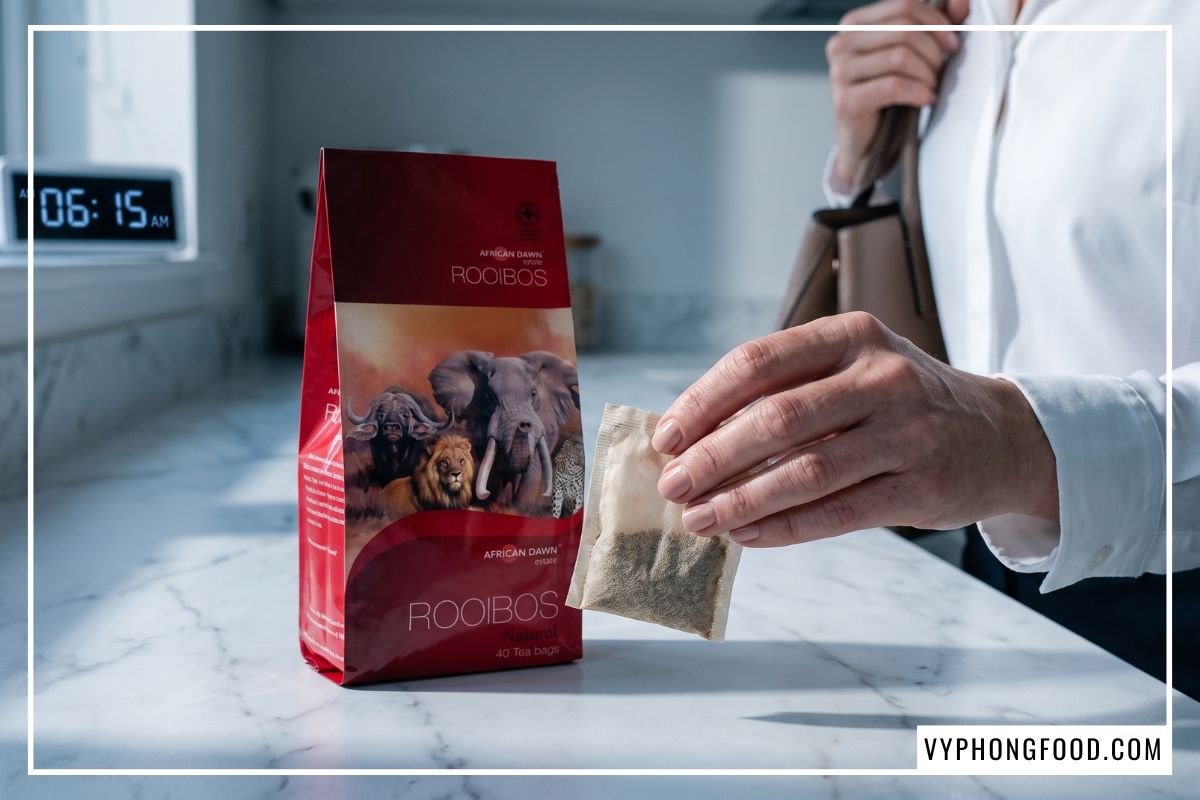 Nam nhân viên văn phòng đang lấy một gói trà dạng túi lọc từ gói hồng trà rooibos Nam Phi tại văn phòng.