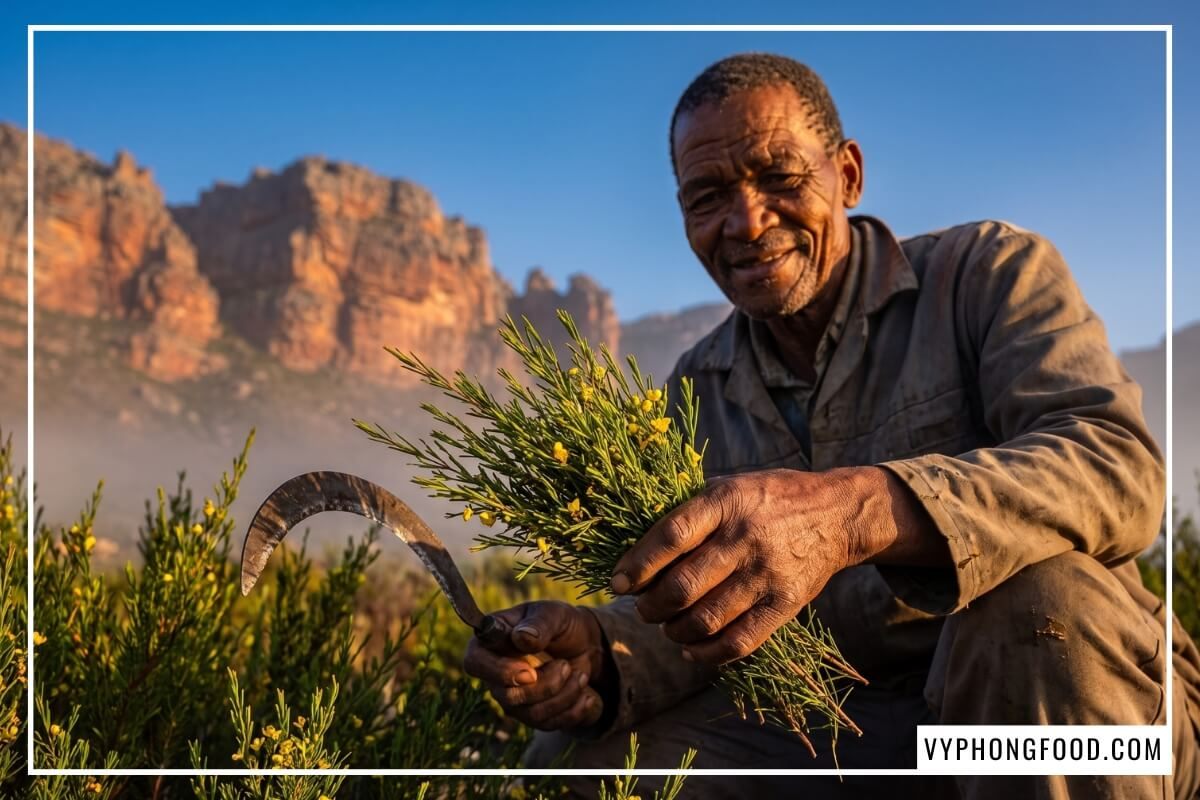 Nông dân Nam Phi thu hoạch cành lá trà rooibos an toàn cho sức khỏe tại sườn núi sa thạch Cederberg, Nam Phi.