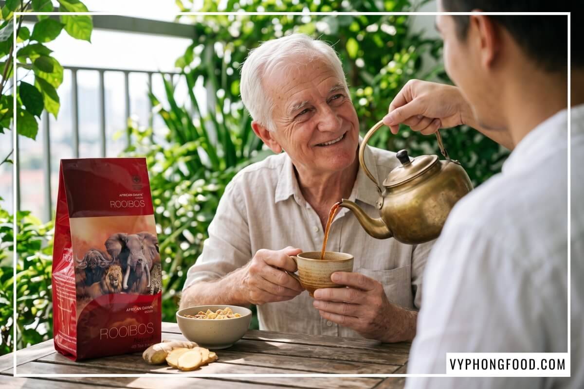 Người con trai rót trà rooibos an toàn cho sức khỏe mời cha già bên bàn gỗ ban công buổi sáng.