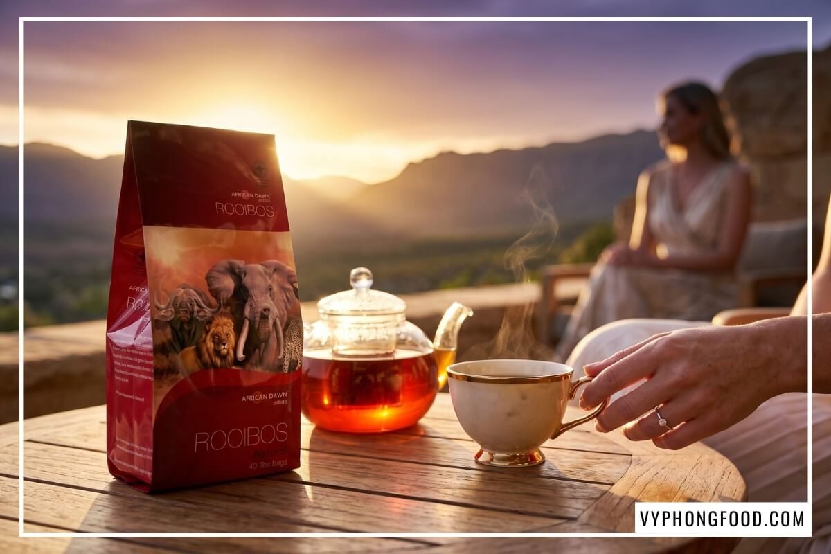 Gói trà rooibos cao cấp bên ấm thủy tinh ánh đỏ hổ phách trên bàn đá sa thạch hoàng hôn Cederberg, Nam Phi.