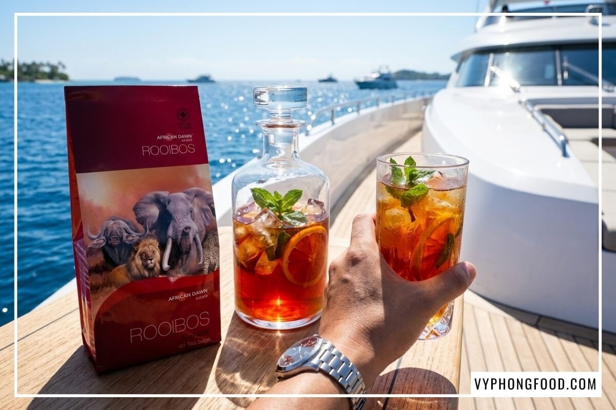 Tay cầm ly trà rooibos cao cấp pha lạnh với đá và cam tươi cạnh gói trà trên boong du thuyền.