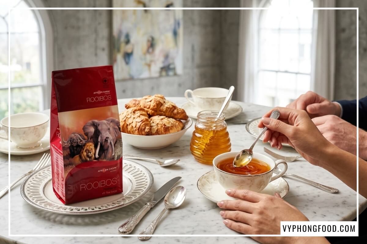 Khuấy thìa mật ong vào tách trà rooibos cao cấp trên bàn tiệc đĩa bạc cùng bánh sừng bò.