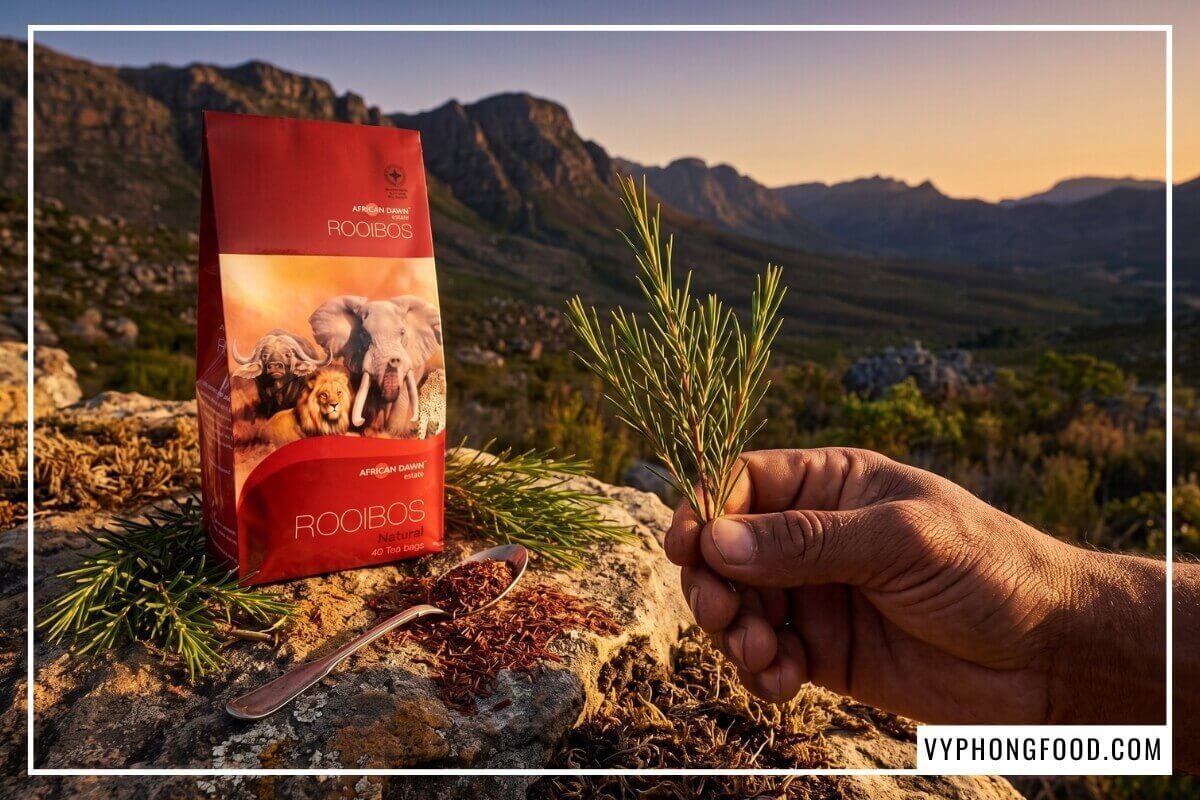 Gói trà rooibos chính hãng đặt trên phiến đá sa thạch Cederberg cùng nhánh lá trà kim tươi.