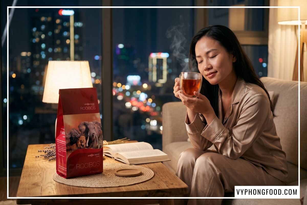 Gói trà rooibos chính hãng và tách trà đỏ hổ phách bốc khói nhẹ trên bàn gỗ sồi lúc đêm muộn.