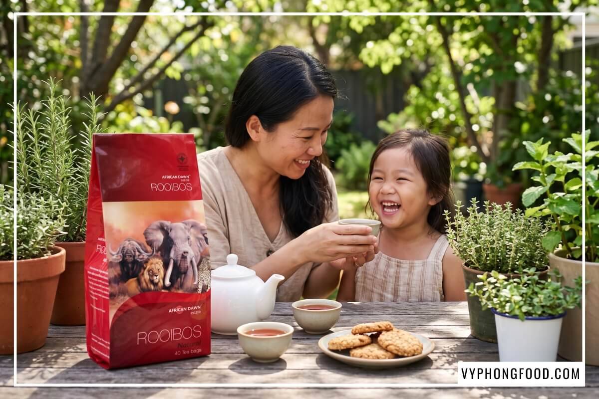 Mẹ rót tách trà rooibos chính hãng ấm thơm cho con gái nhỏ ngoài ban công sân vườn.