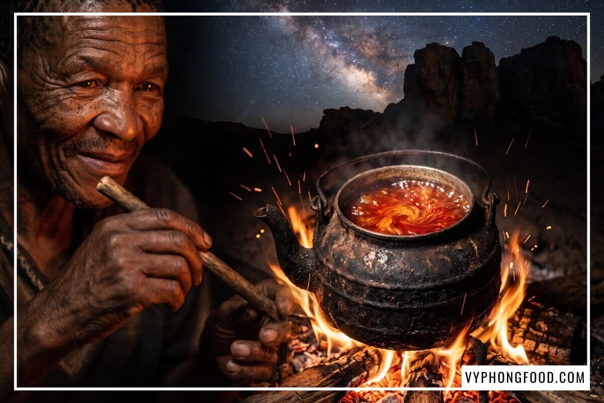 Nước trà sôi trong ấm gang trên bếp lửa đêm cùng nụ cười trưởng lão Khoisan chứng minh trà rooibos có gây mất ngủ không.