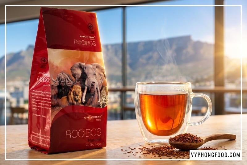 Gói trà African Dawn vươn cao bên ly trà thảo mộc không caffeine óng đỏ tại quầy bar Cape Town.