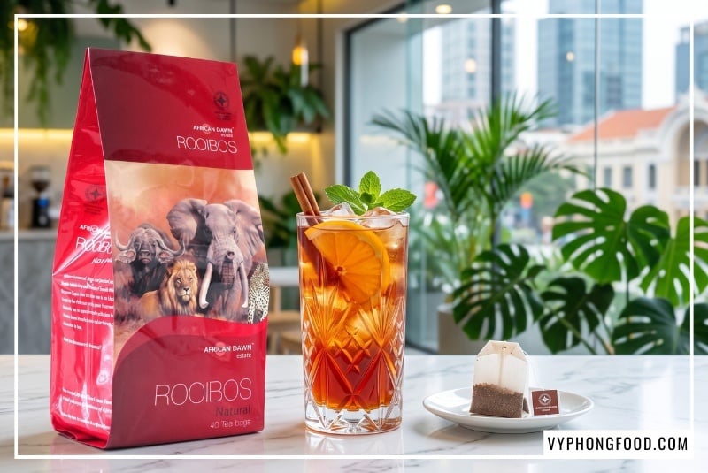 Ly trà Cold Brew Rooibos cam quế rực rỡ đứng cạnh gói trà thảo mộc không caffeine trên quầy marble.